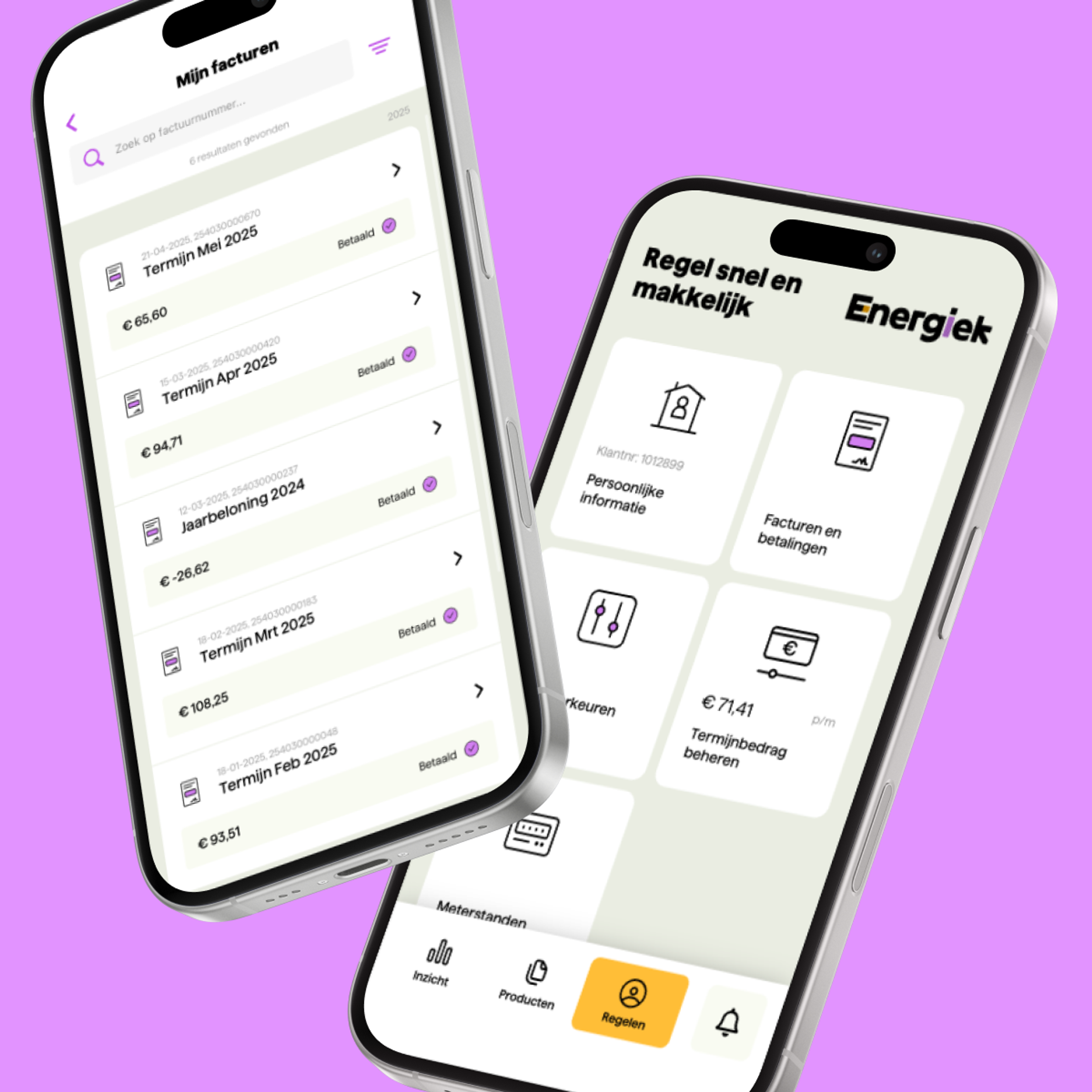 In de Energiek app vind je al je gegevens netjes terug: van je facturen en jaarafrekeningen tot je actuele tarieven en contractvoorwaarden. Alles netjes op één plek, overzichtelijk en zonder zoeken.